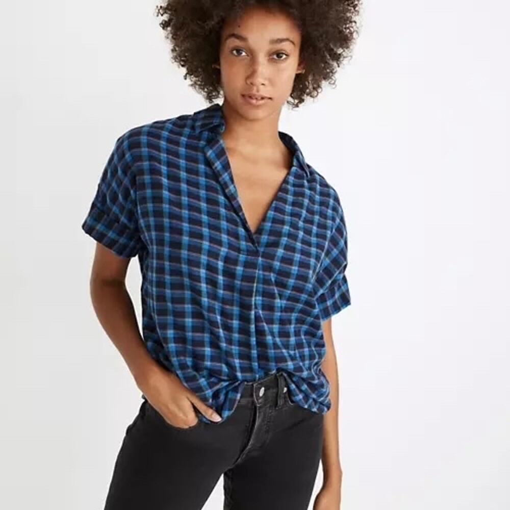 MADEWELL Double Faced Park Popover Shirt Blue Plaid XS